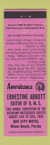 Matchbook Cover - Ernestine Abbot RMS Sun City Motel Miami Beach FL