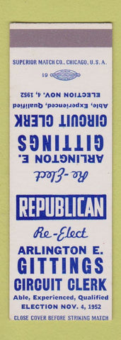 Matchbook Cover - Arlington Gittings Circuit Clerk 1952 Election SAMPLE