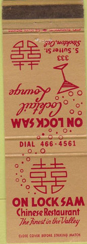 Matchbook Cover - On Lock Sam Restaurant Stockton CA