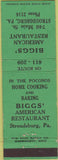 Matchbook Cover - Biggs' American Restaurant Stroudsburg PA