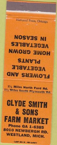 Matchbook Cover - Clyde Smith Sons Farm Market Westland MI orange