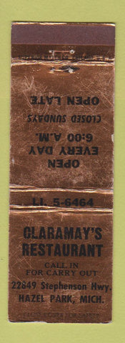 Matchbook Cover - Claramay's Resaturant Hazel Park MI WORN