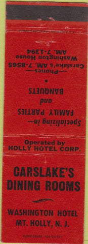 Matchbook Cover - Carslake's Dining Rooms Mount Holly NJ