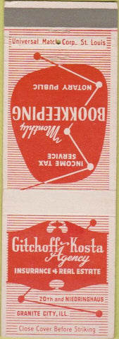 Matchbook Cover - Gitchoff Kosta Real Estate insurance Granite City IL