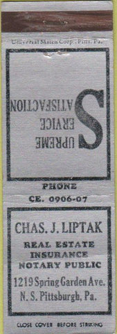 Matchbook Cover - Liptak Real Estate Insurance Pittsburgh PA WEAR