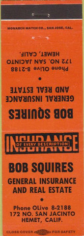 Matchbook Cover - Bob Squire Real Estate insurance Hemet CA