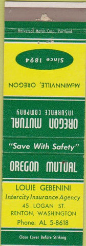 Matchbook Cover - Oregon Mutual Insurance Gebenini Renton WA
