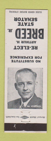 Matchbook Cover - Arthur H Breed Jr State Senator CA California