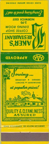Matchbook Cover - Baker's Restaurant Zanesville OH