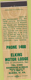 Matchbook Cover - Elkins Motor Lodge WV