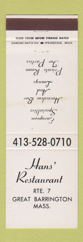 Matchbook Cover - Hans' Restaurant Great Barrington MA