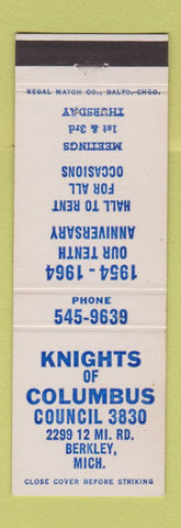 Matchbook Cover - Knights of Columbus Berkley MI 1964