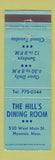 Matchbook Cover - The Hill's Dining Room Hyannis MA WORN