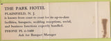 Matchbook Cover - Park Hotel Plainfield NJ