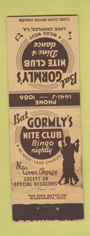 Matchbook Cover - Bat Gormly's Nite Club Lake Charles LA STAINED