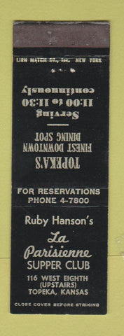 Matchbook Cover - Ruby Hanson's LA Parisienne Supper Club Topeka KS