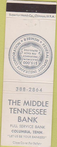 Matchbook Cover - Middle Tennessee Bank Columbia TN