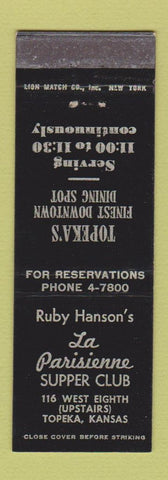 Matchbook Cover - Ruby Hanson's Lla Parisienne Supper Club Topeka KS