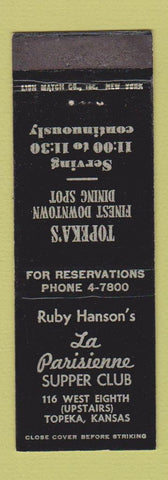 Matchbook Cover - Ruby Hanson's Lla Parisienne Supper Club Topeka KS