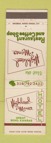 Matchbook Cover - Highland Manor Hotel Great Bend KS