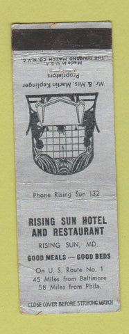Matchbook Cover - Rising Sun Hotel Restaurant Rising Sun MD low phone # WEAR