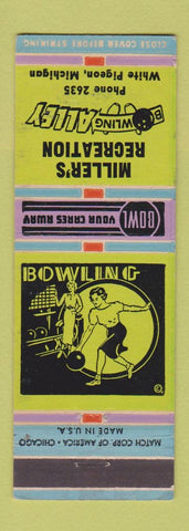 Matchbook Cover - Miller's Recreation Bowling White Pigeon MI girlie low phone #
