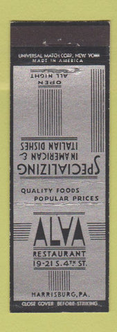 Matchbook Cover - Alva Restaurant Italian Harrisburg PA deco