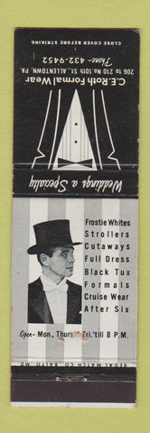 Matchbook Cover - CE Roth Formal Clothes Tuxedo Allentown PA