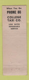 Matchbook Cover - College Taxi Company Northampton MA low phone #