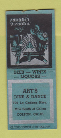 Matchbook Cover - Art's Dine Dance Colton CA BOBTAIL BLUE