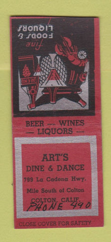 Matchbook Cover - Art's Dine Dance Colton CA BOBTAIL WRITING RED