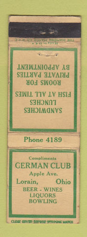Matchbook Cover - German Club Lorain OH low phone # WEAR