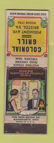Matchbook Cover - Colonial Grill Bristol VA low phone # WEAR