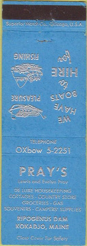 Matchbook Cover - Pray's Cabins gas oil Kokadjo ME
