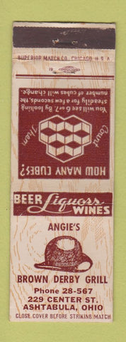 Matchbook Cover - Angie's Brown Derby Grill Ashtabula OH
