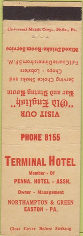 Matchbook Cover - Terminal Hotel Easton PA