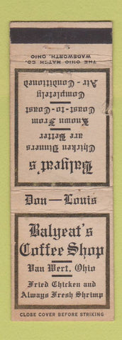 Matchbook Cover - Balyeat's Restaurant Van Wert OH WORN