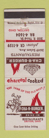 Matchbook Cover - Char Burger hamburgers Dayton OH cowboy