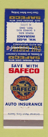 Matchbook Cover - Safeco Auto Insurance William McGee Troy OH