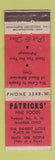 Matchbook Cover - Patricks' Fine Foods Warren OH MERCHANTS WORN