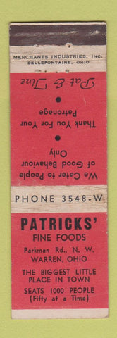 Matchbook Cover - Patricks' Fine Foods Warren OH MERCHANTS WORN