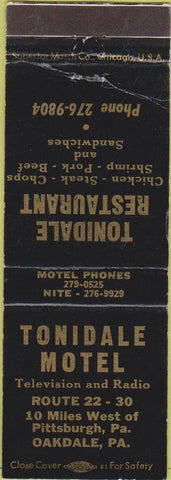 Matchbook Cover - Tonidale Motel Restaurant Oakdale PA CREASE