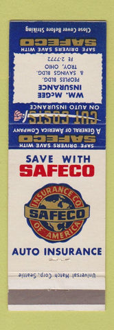 Matchbook Cover - Safeco Auto Insurance William McGee Troy OH