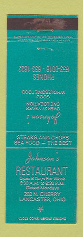 Matchbook Cover - Johnson's Restaurant Lancaster OH TEAL