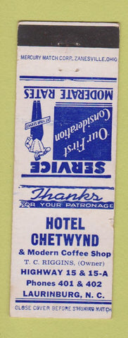 Matchbook Cover - Hotel Chetwynd Laurinburg NC WEAR