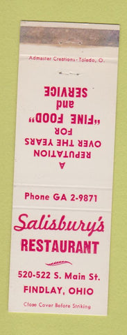 Matchbook Cover - Salisbury's Restaurant Findlay OH WORN