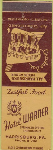 Matchbook Cover - Hotel Warner Harrisburg PA