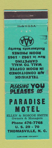 Matchbook Cover - Paradise Motel Thomasville NC WEAR