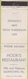 Matchbook Cover - Hook's Restaurant Allentown PA