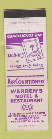 Matchbook Cover - Warren's Motel Restaurant Pleasant Hill NC